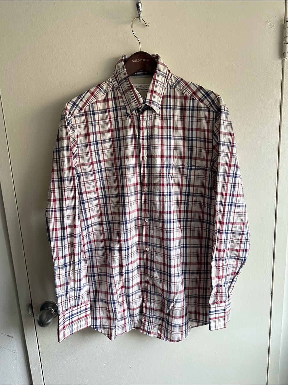 Brunello Cucinelli Custom White Plaid Button-Down Shirt US L